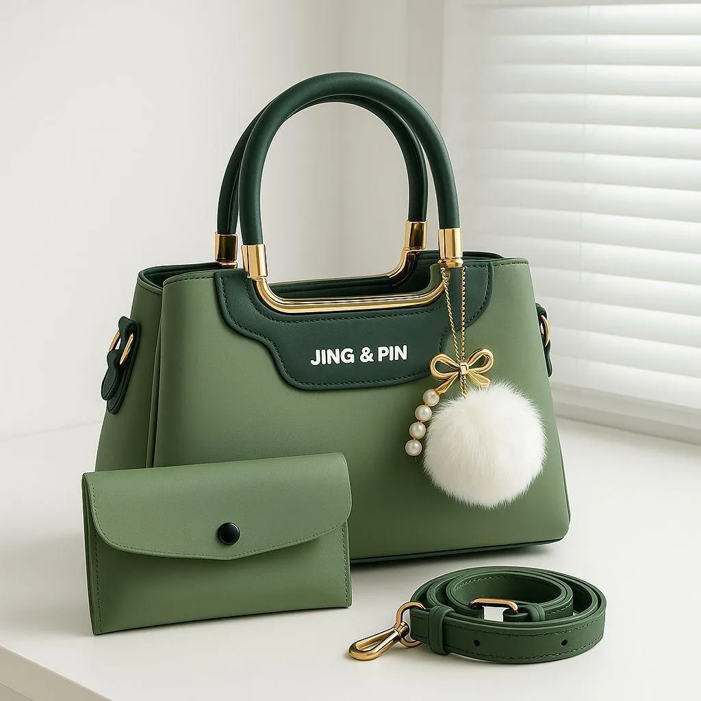 Women PU Leather Green Handbag Set